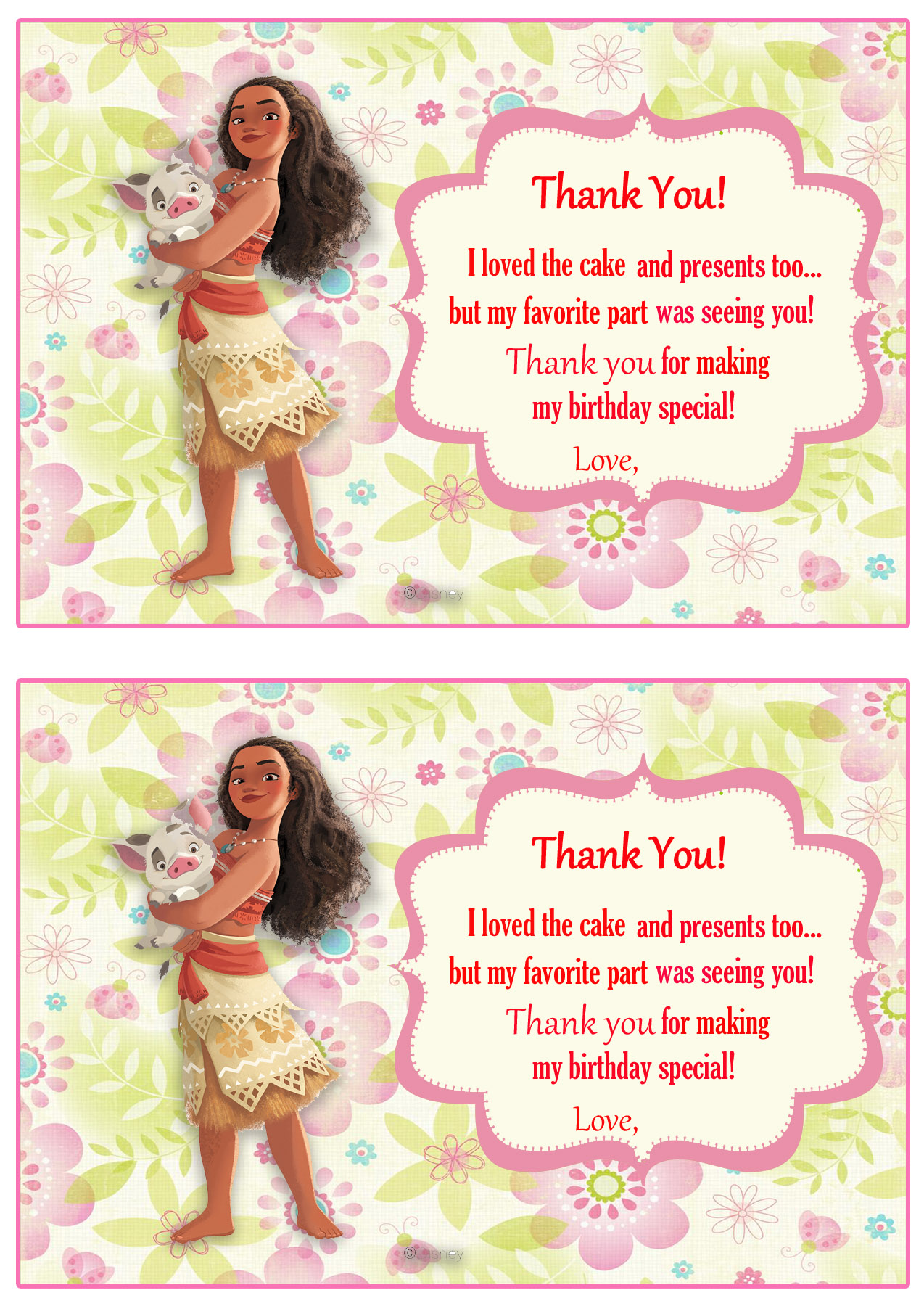 Moana Thank You Cards Birthday Printable