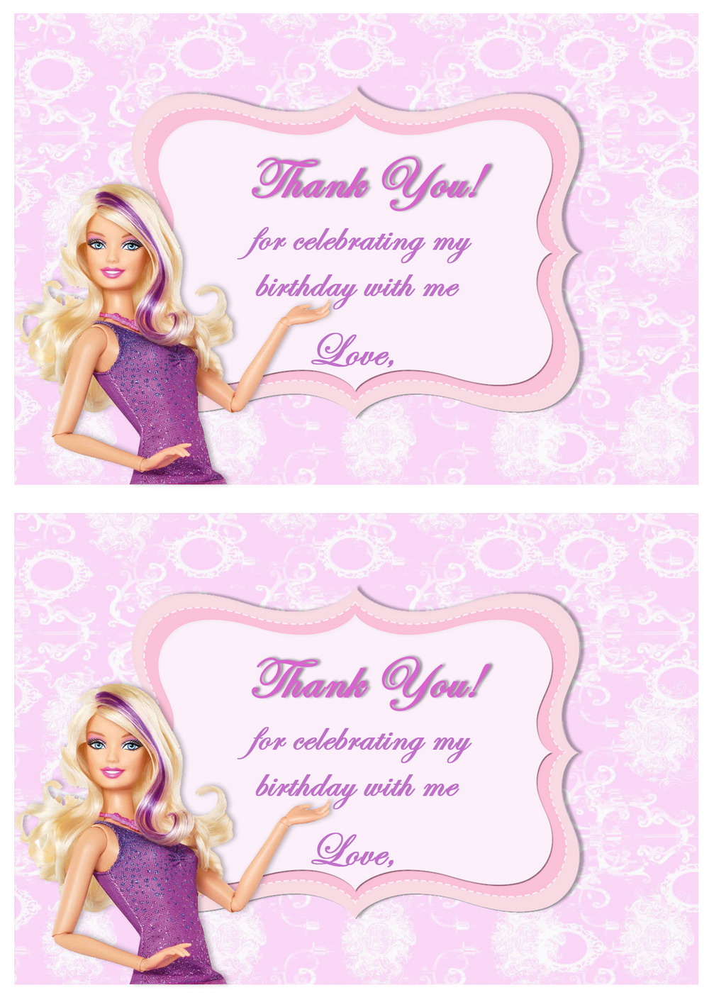 Barbie Thank You Cards Birthday Printable