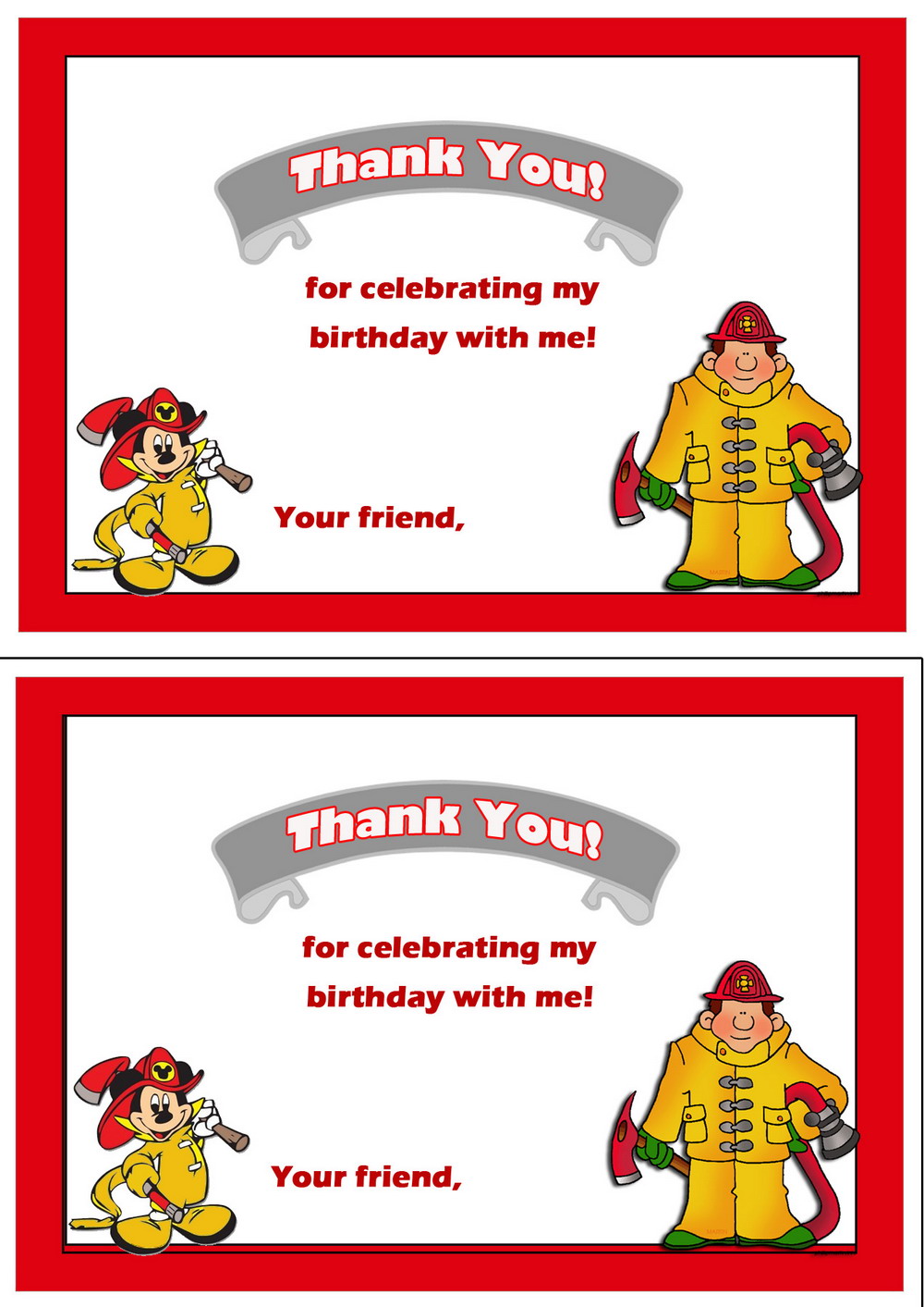 Firefighters Thank You Cards Birthday Printable