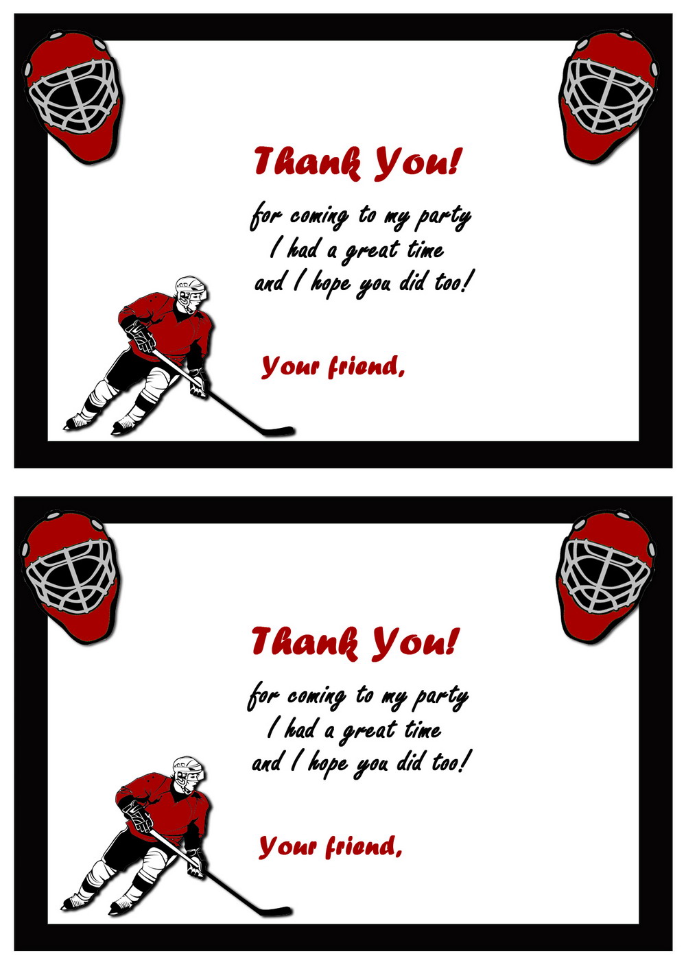 Hockey Thank you Cards Birthday Printable