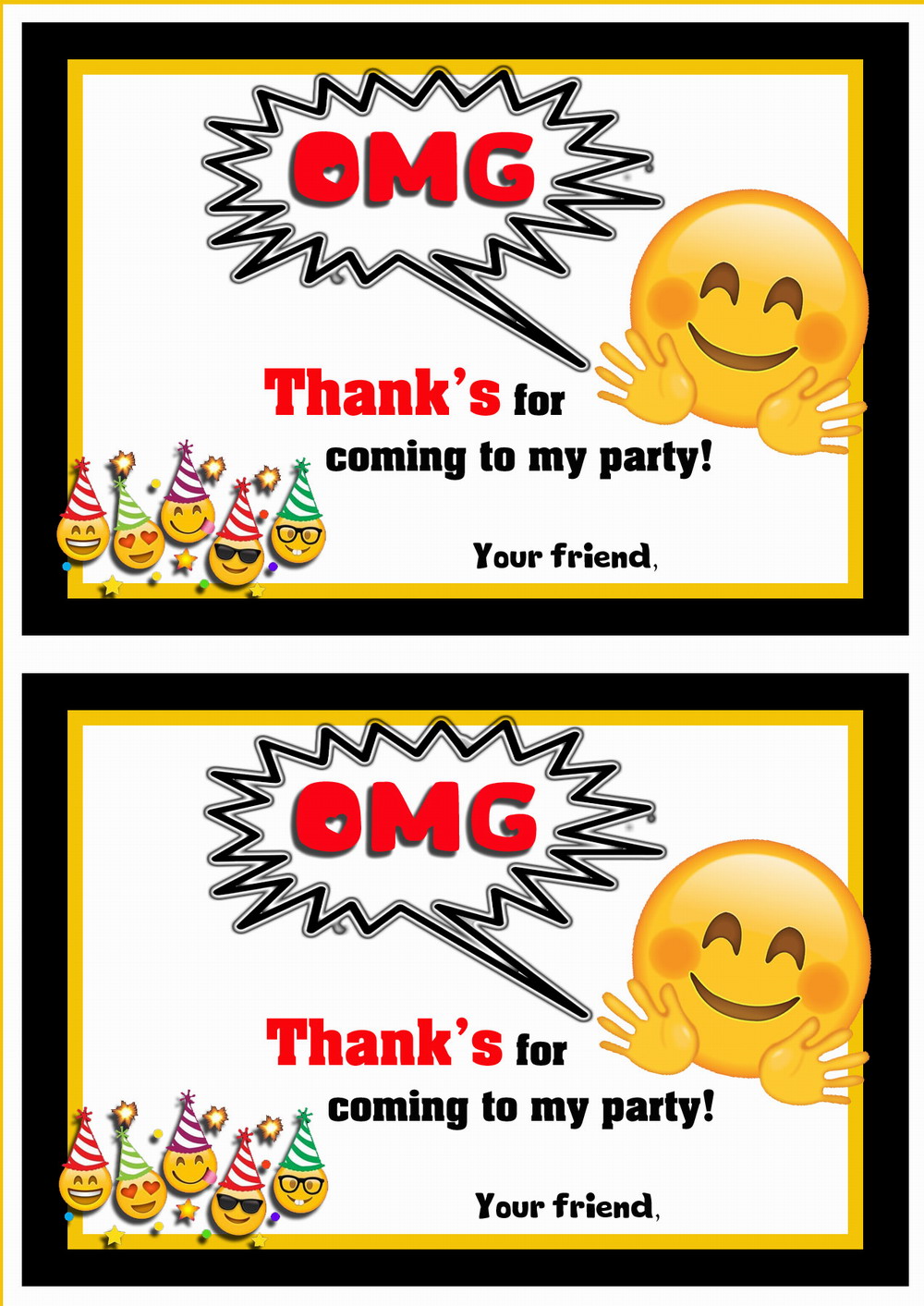 Emoji Thank You Cards Birthday Printable